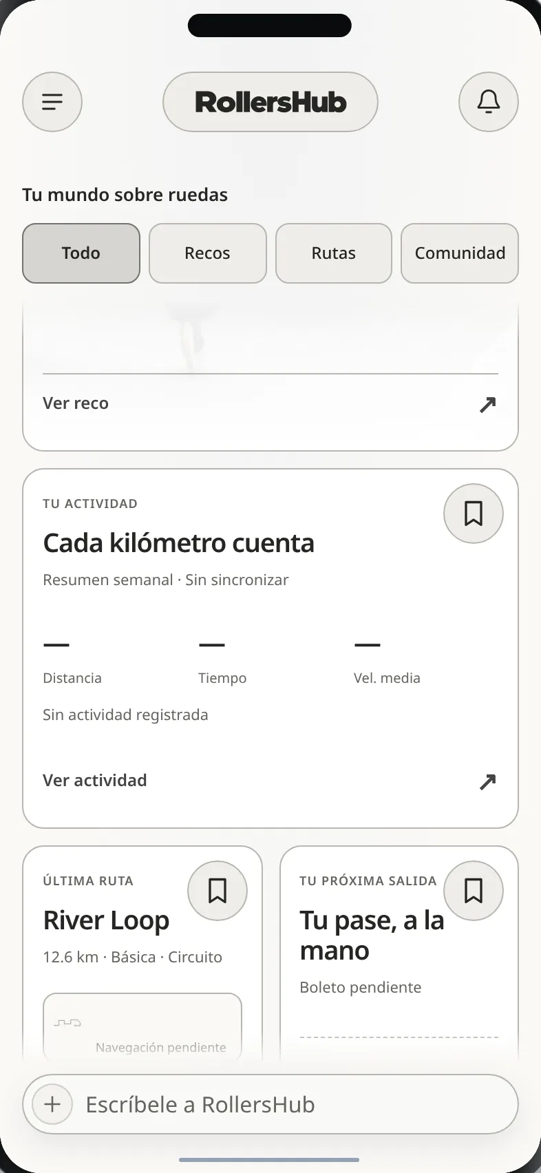 Tarjetas de actividad, ruta y pase del evento en RollersHub