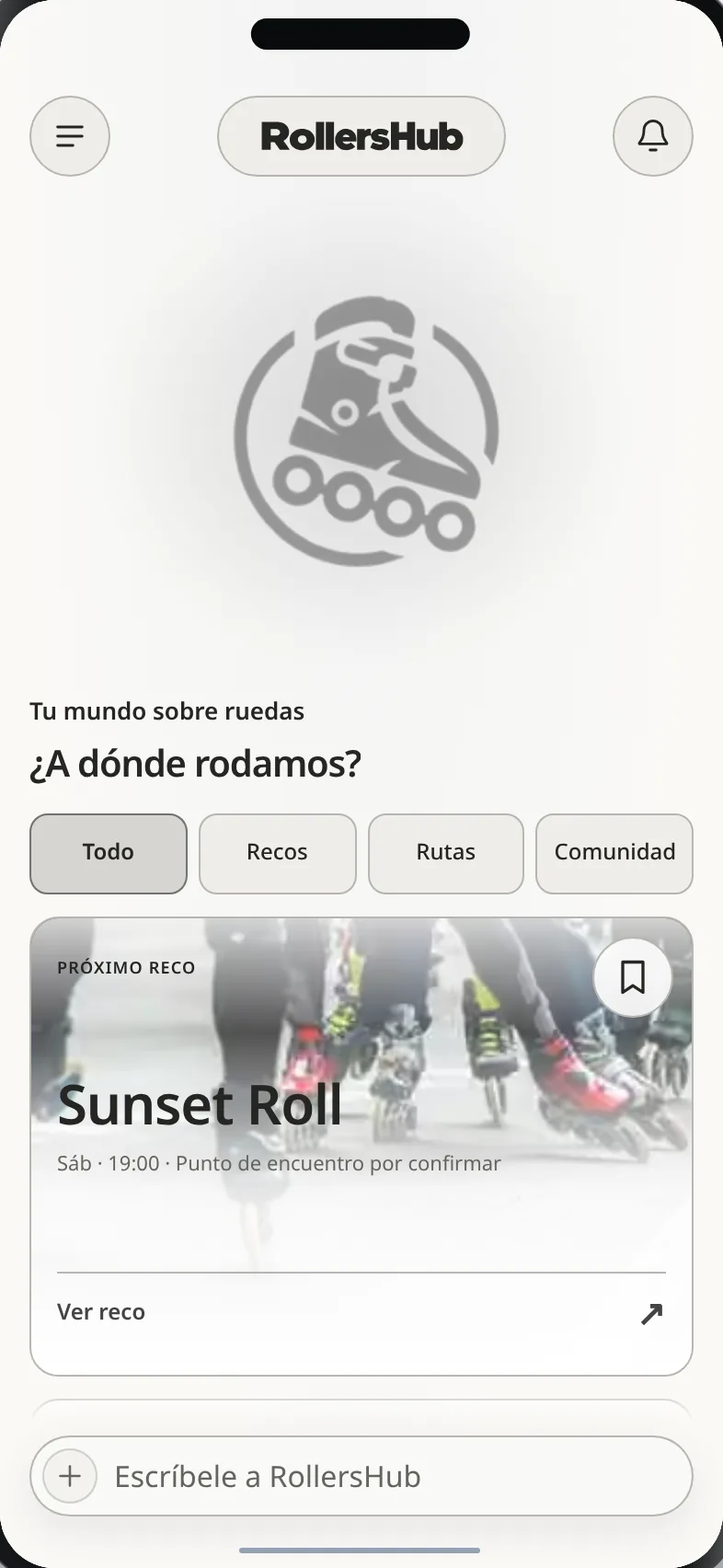 Inicio de RollersHub con la pregunta “¿A dónde rodamos?” y el próximo reco
