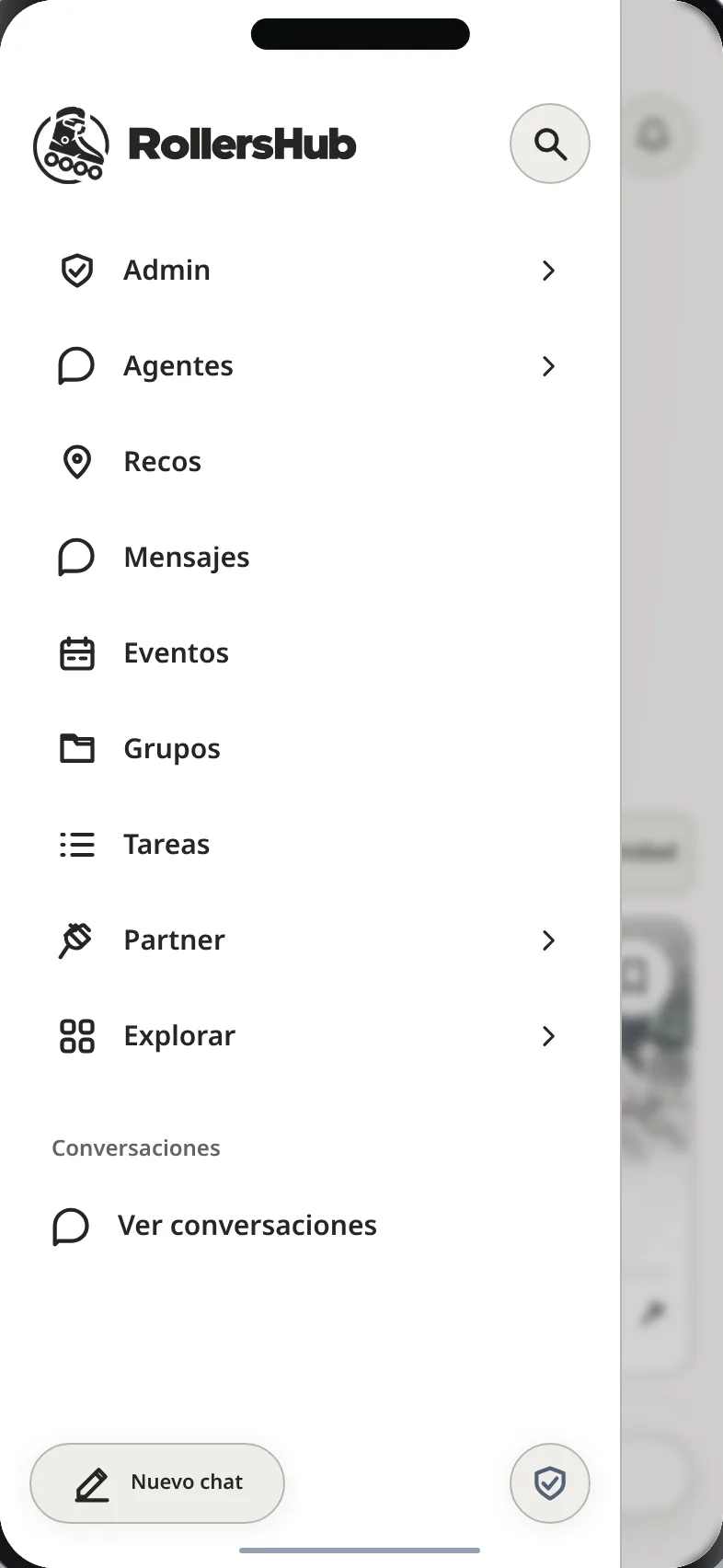 Menú de RollersHub con Admin, Recos, Mensajes, Eventos, Grupos, Tareas y Partner