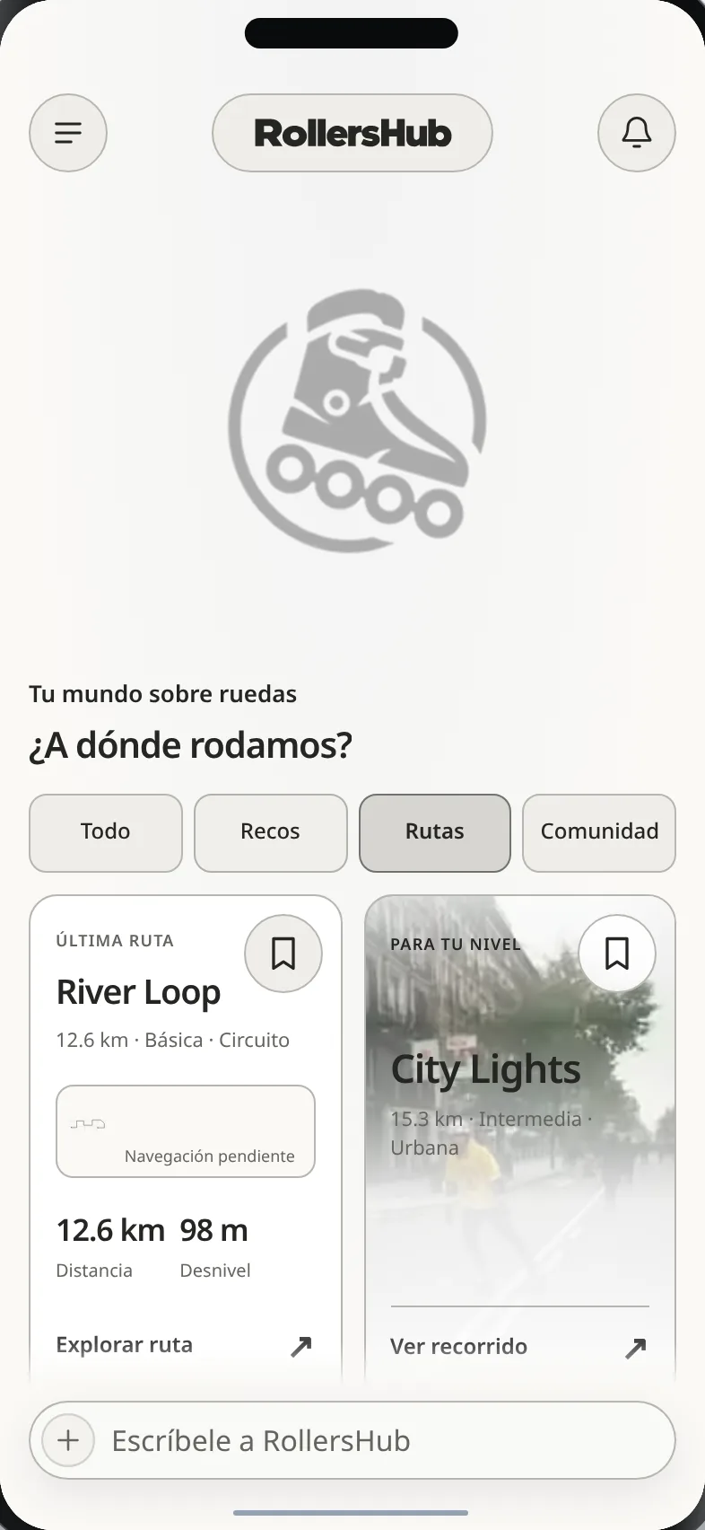 Pantalla de rutas de RollersHub con distancia y desnivel